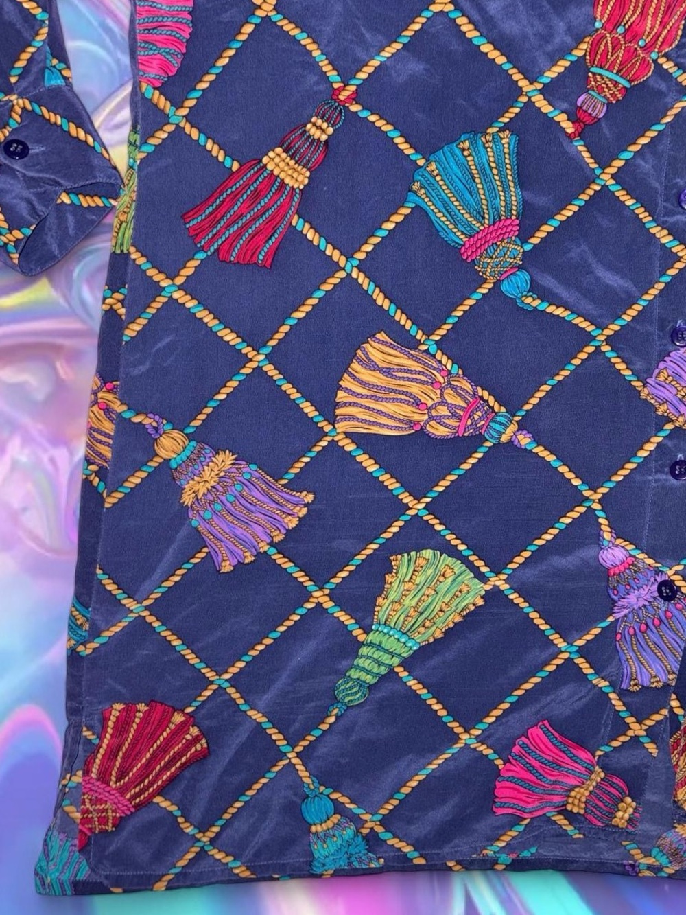 vtg 90s silk rainbow tassel print blouse - elisabeth by liz claiborne sz 2x - Picture 2 of 4
